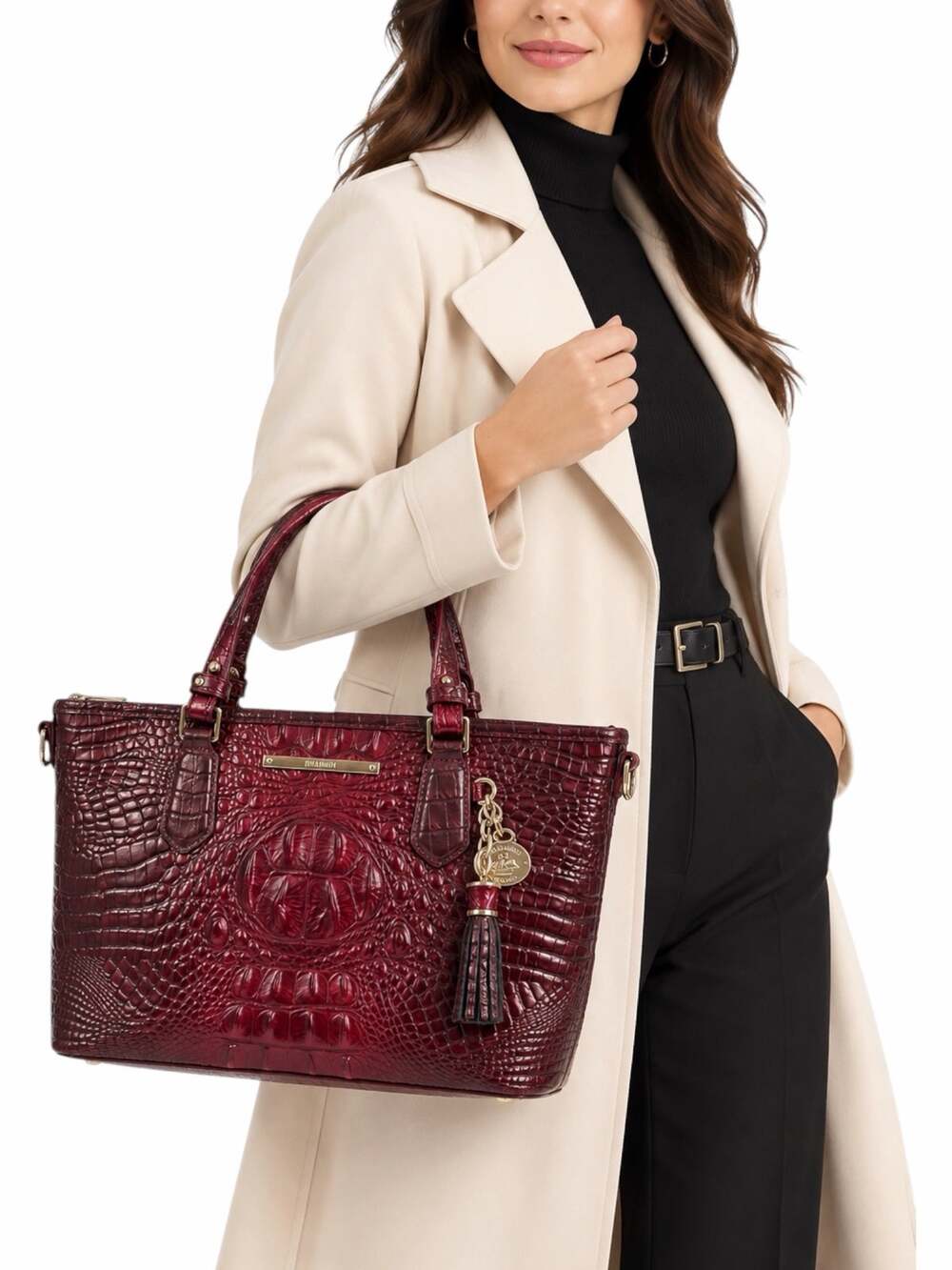Brahmin Mini Asher Tote Satchel Bag Wine Red Croc Embossed Leather